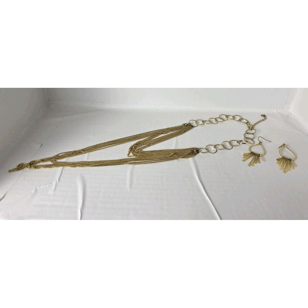 Forever 21 Gold Multi-Chain Necklace with Fringe Earrings